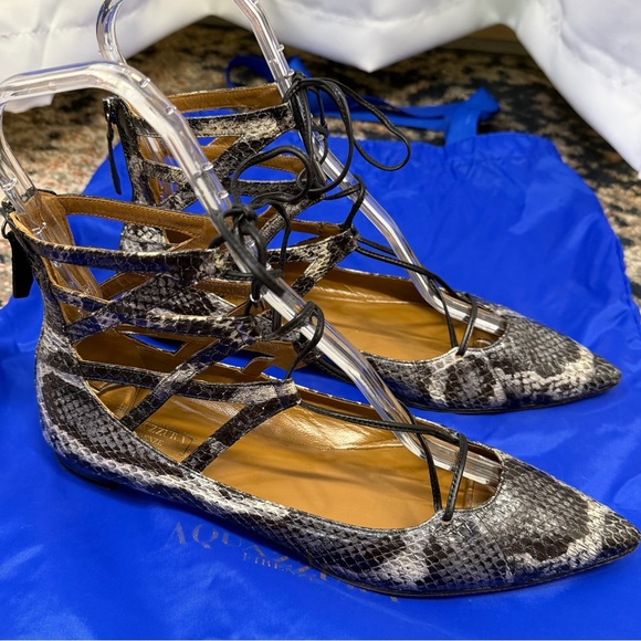 Aquazzura ‘Belgravia’ Two-Tone Snakeskin Ankle-Tie Flats Size 11 ASO Duchess Meg - Picture 10 of 16